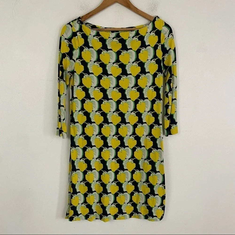 TORY BURCH leaf print long sleeve yellow and navy mini dress